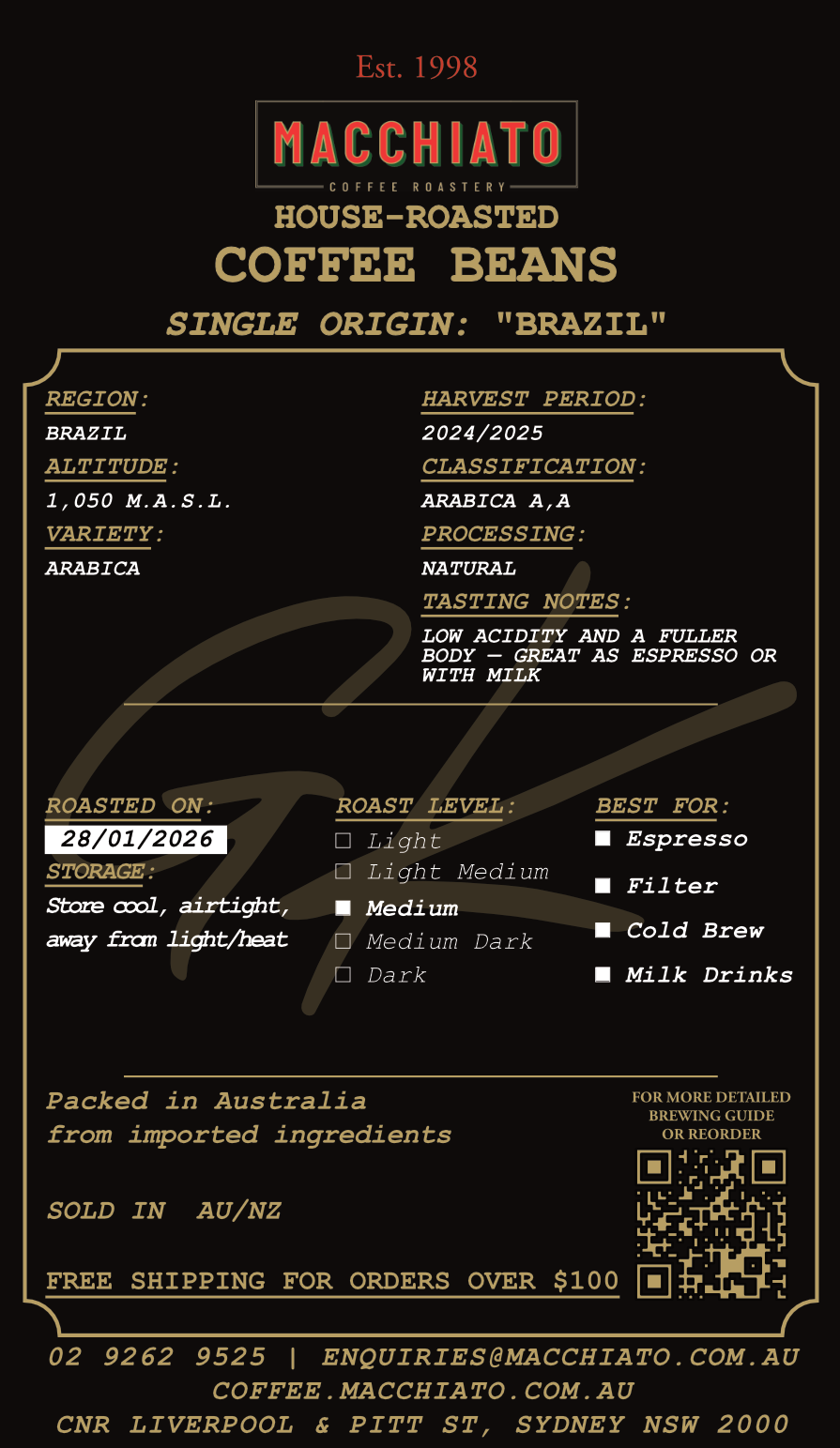 Single Origin Brazil Lua Roxa coffee bag label